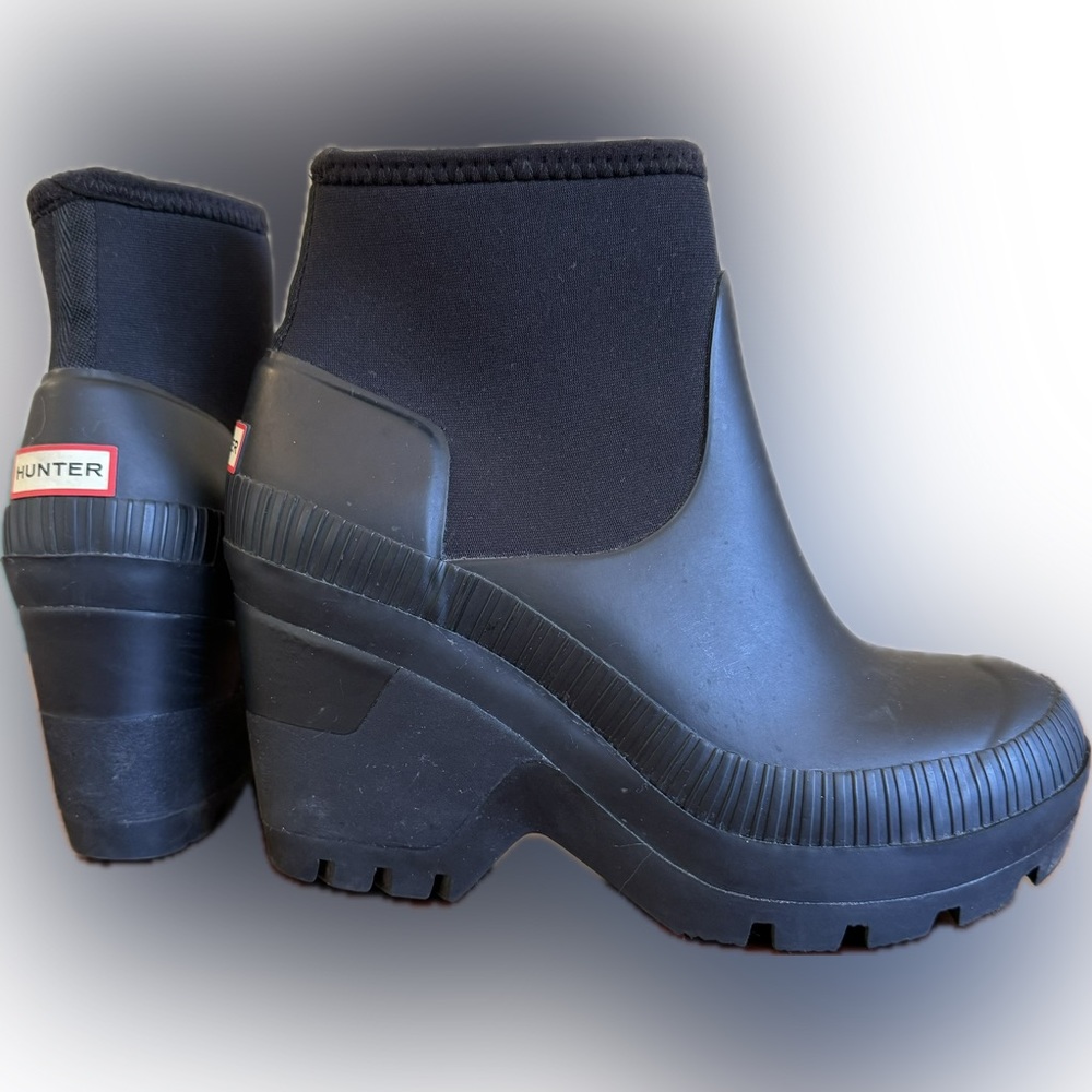 HUNTER heel rain wedge booties neoprene size EU 38 women black